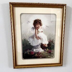 22 x 18 Angel Baby Framed Print By Birkenstock Whimsical Child with Doves Art
